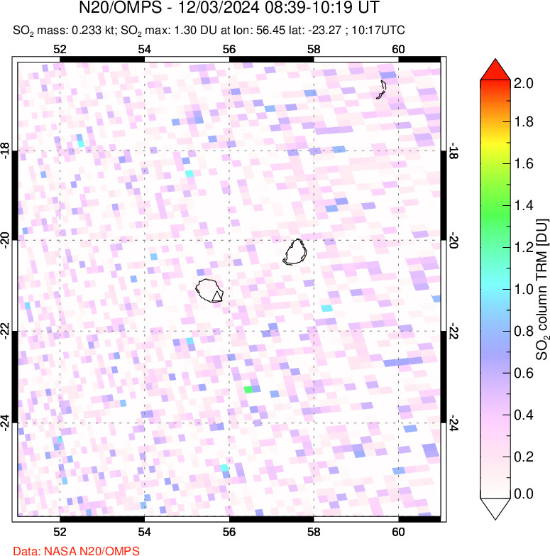 A sulfur dioxide image over Reunion Island, Indian Ocean on Dec 03, 2024.