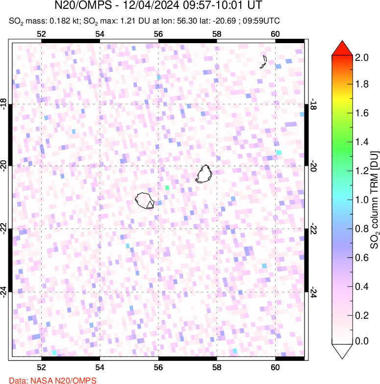 A sulfur dioxide image over Reunion Island, Indian Ocean on Dec 04, 2024.