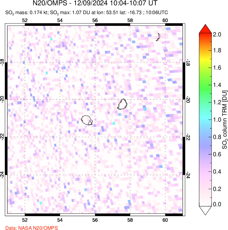 A sulfur dioxide image over Reunion Island, Indian Ocean on Dec 09, 2024.