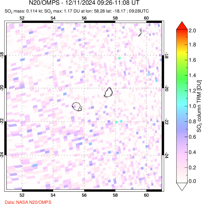 A sulfur dioxide image over Reunion Island, Indian Ocean on Dec 11, 2024.