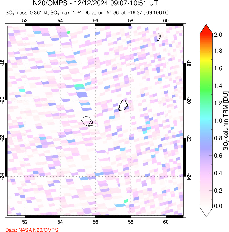 A sulfur dioxide image over Reunion Island, Indian Ocean on Dec 12, 2024.