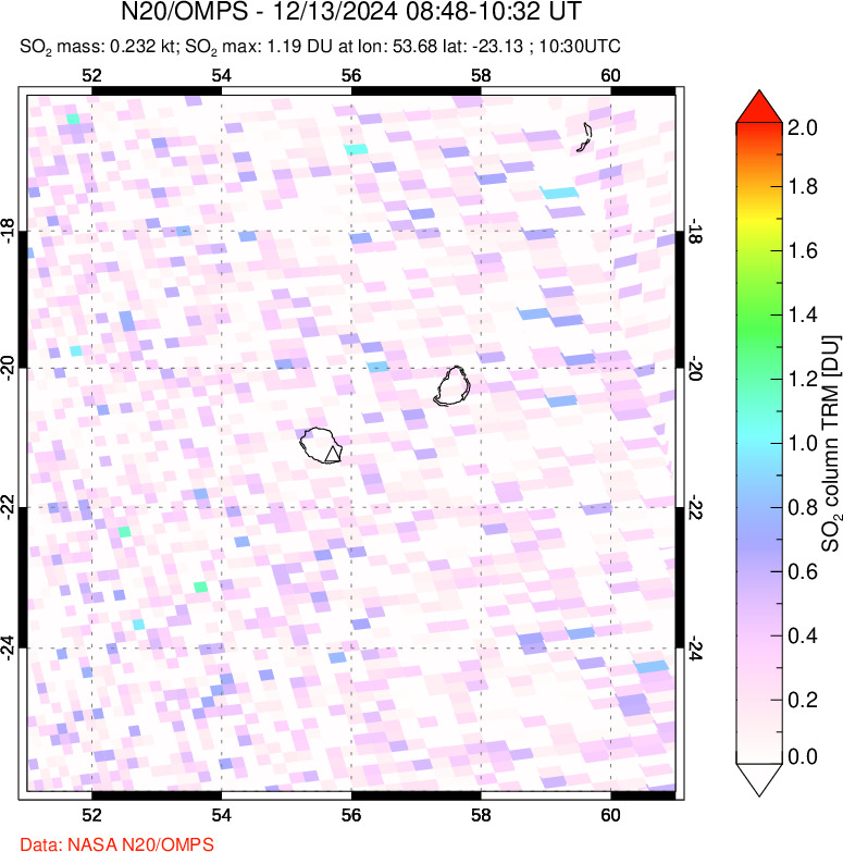 A sulfur dioxide image over Reunion Island, Indian Ocean on Dec 13, 2024.