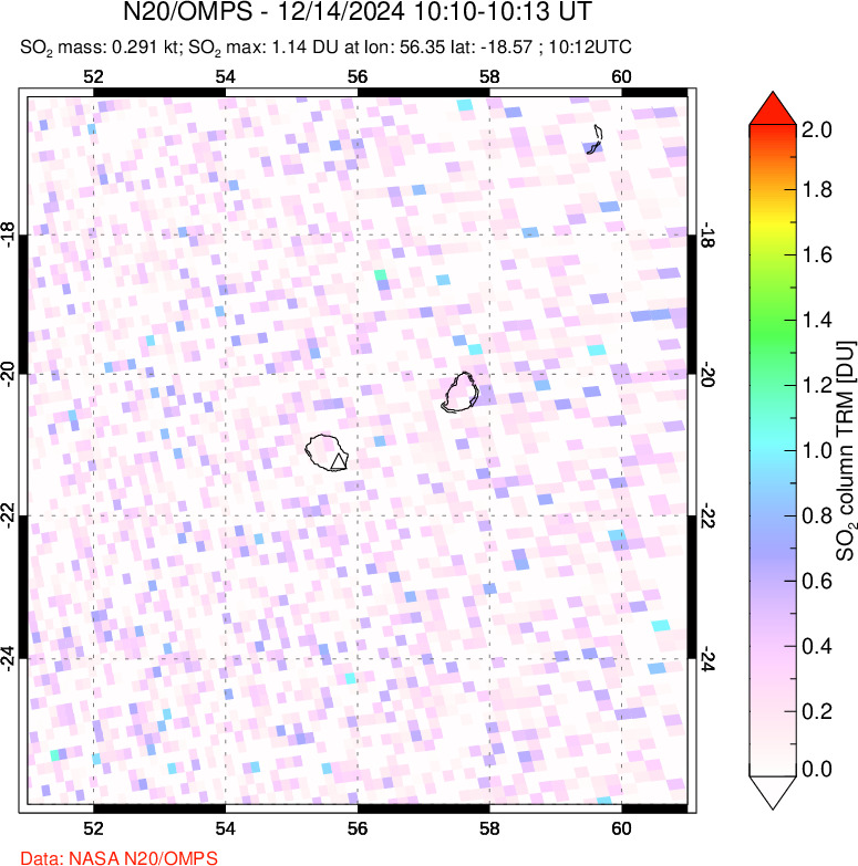 A sulfur dioxide image over Reunion Island, Indian Ocean on Dec 14, 2024.