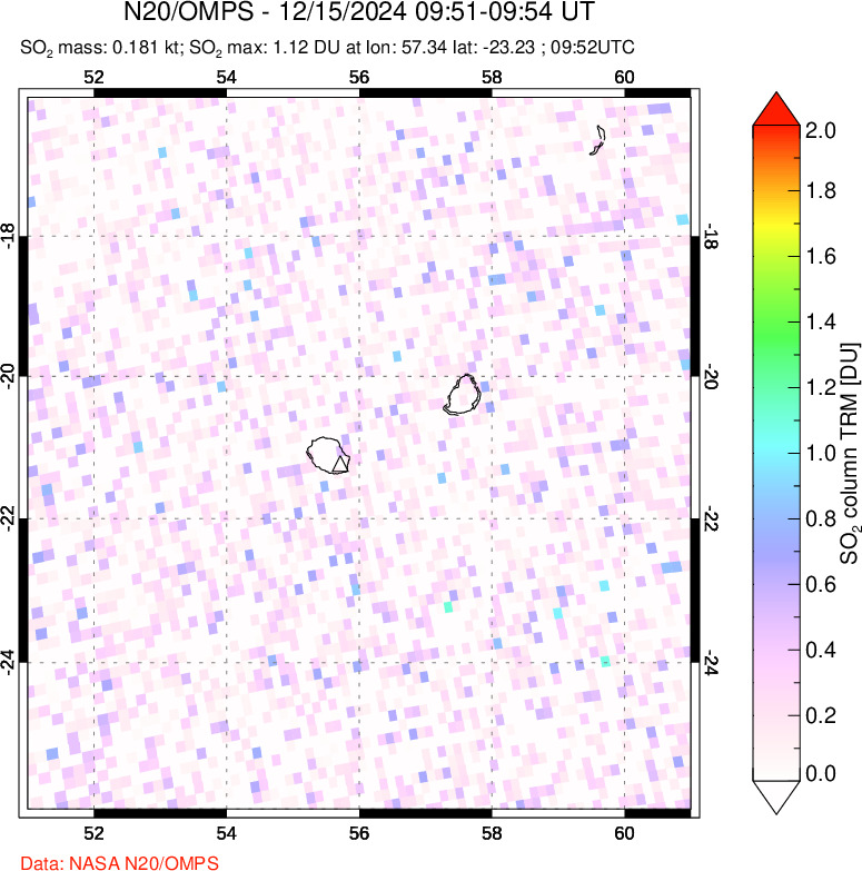 A sulfur dioxide image over Reunion Island, Indian Ocean on Dec 15, 2024.