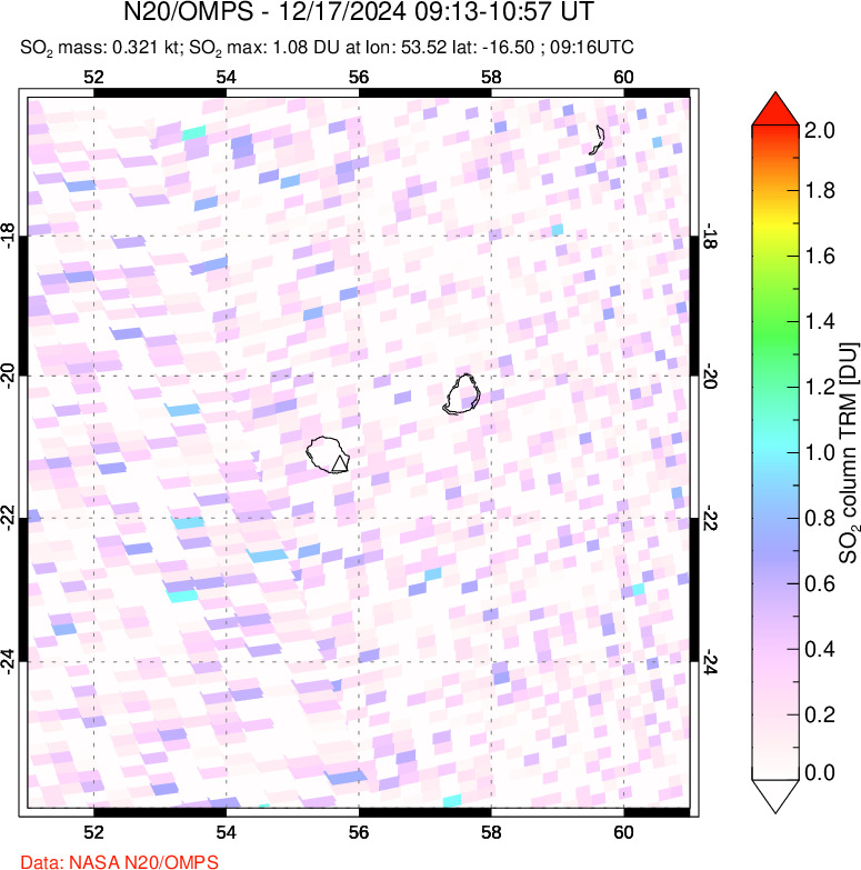 A sulfur dioxide image over Reunion Island, Indian Ocean on Dec 17, 2024.