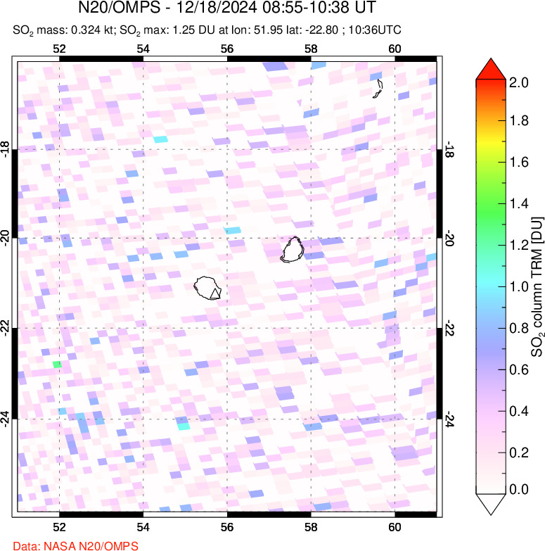 A sulfur dioxide image over Reunion Island, Indian Ocean on Dec 18, 2024.