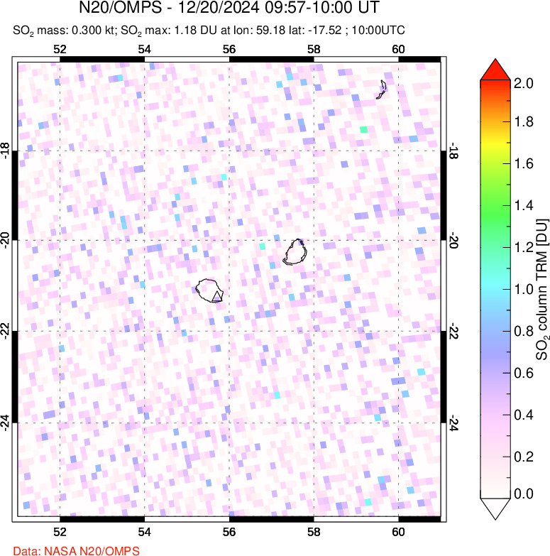 A sulfur dioxide image over Reunion Island, Indian Ocean on Dec 20, 2024.