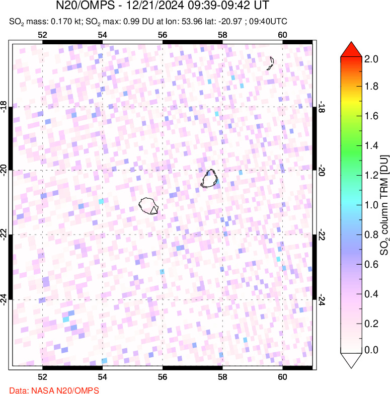 A sulfur dioxide image over Reunion Island, Indian Ocean on Dec 21, 2024.