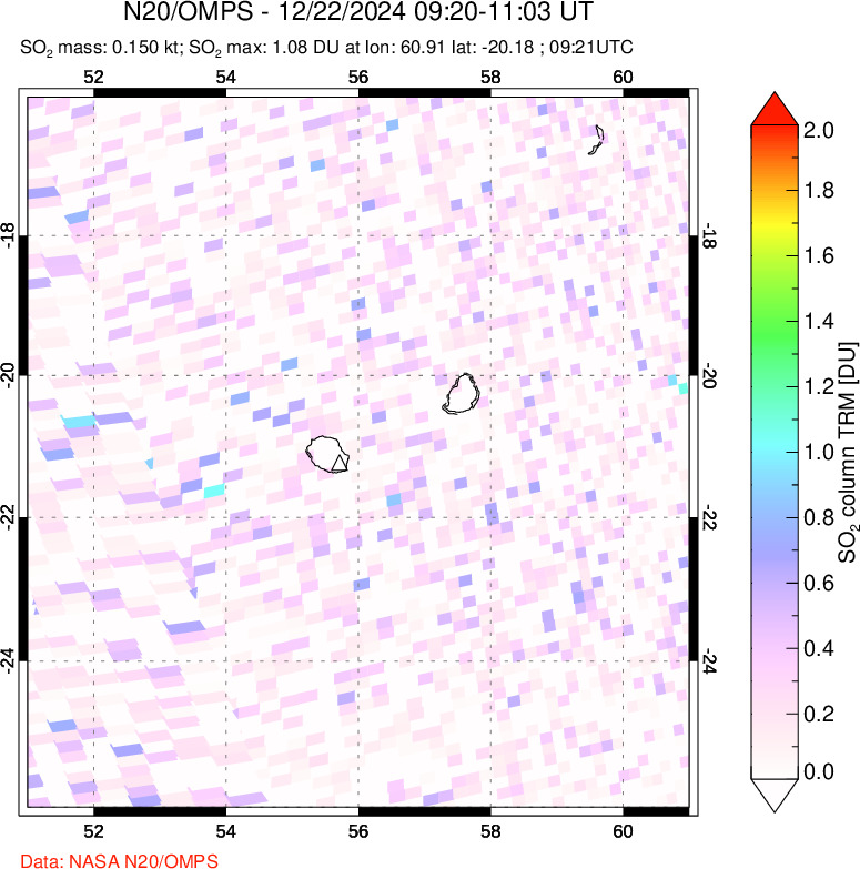 A sulfur dioxide image over Reunion Island, Indian Ocean on Dec 22, 2024.