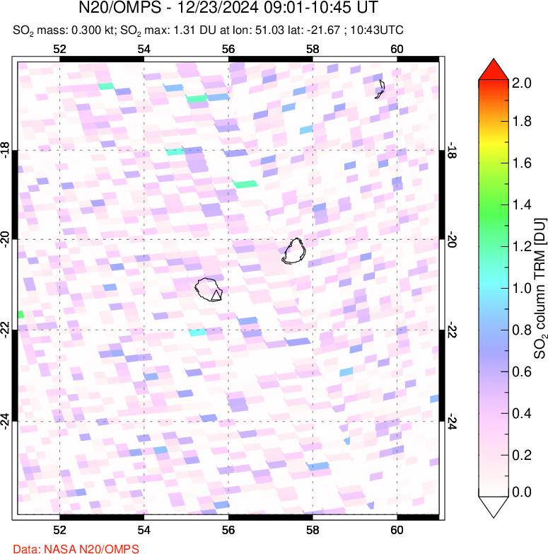 A sulfur dioxide image over Reunion Island, Indian Ocean on Dec 23, 2024.