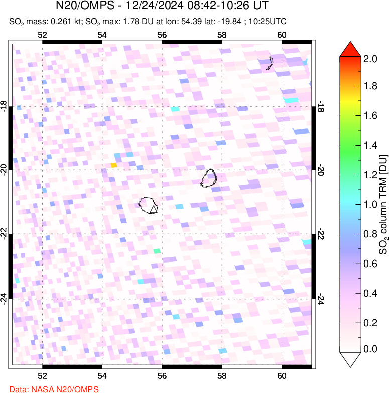 A sulfur dioxide image over Reunion Island, Indian Ocean on Dec 24, 2024.