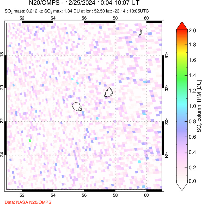 A sulfur dioxide image over Reunion Island, Indian Ocean on Dec 25, 2024.