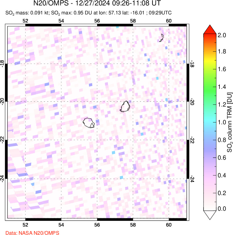 A sulfur dioxide image over Reunion Island, Indian Ocean on Dec 27, 2024.