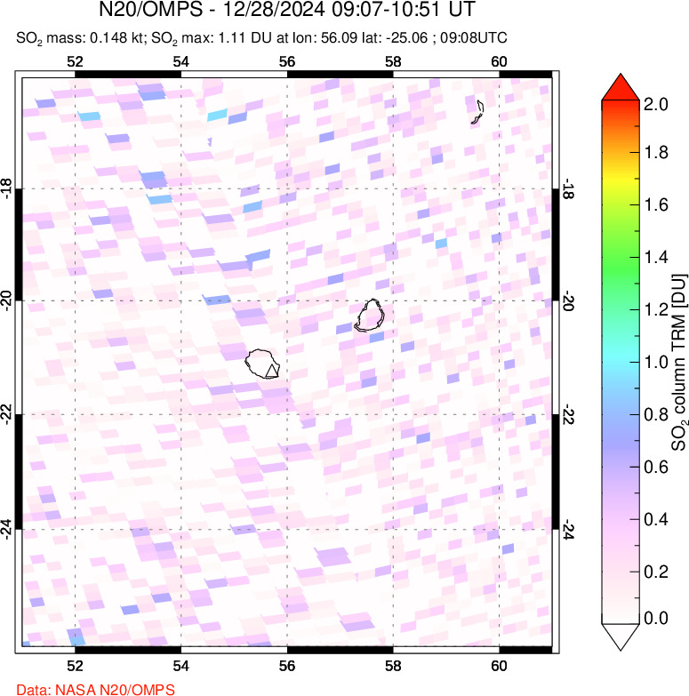 A sulfur dioxide image over Reunion Island, Indian Ocean on Dec 28, 2024.