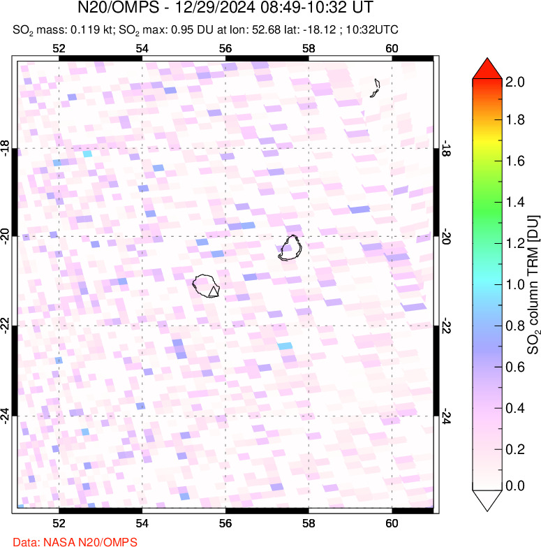 A sulfur dioxide image over Reunion Island, Indian Ocean on Dec 29, 2024.