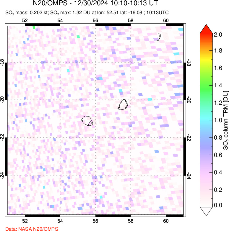 A sulfur dioxide image over Reunion Island, Indian Ocean on Dec 30, 2024.