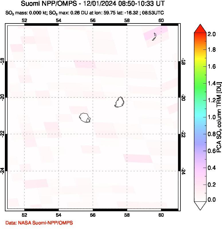 A sulfur dioxide image over Reunion Island, Indian Ocean on Dec 01, 2024.