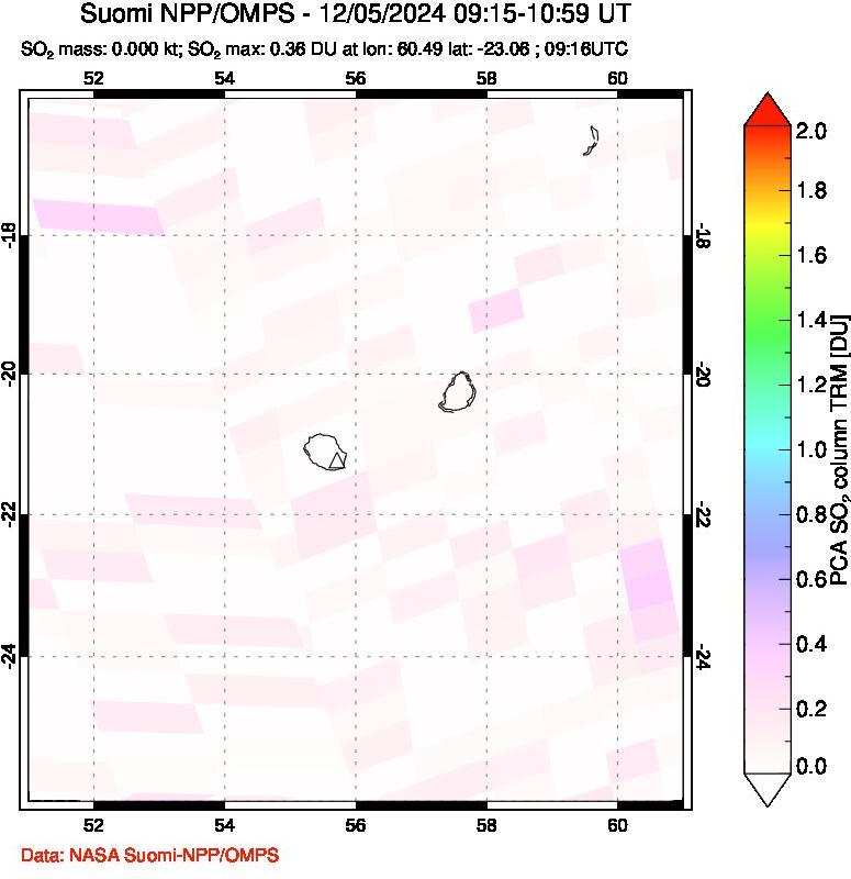 A sulfur dioxide image over Reunion Island, Indian Ocean on Dec 05, 2024.