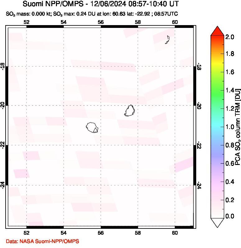 A sulfur dioxide image over Reunion Island, Indian Ocean on Dec 06, 2024.