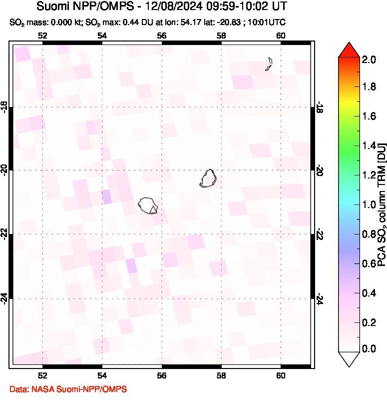 A sulfur dioxide image over Reunion Island, Indian Ocean on Dec 08, 2024.