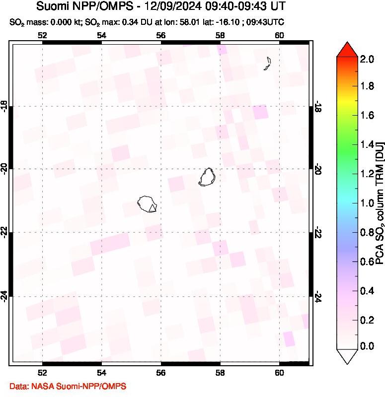 A sulfur dioxide image over Reunion Island, Indian Ocean on Dec 09, 2024.