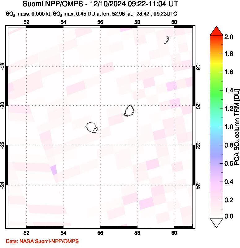 A sulfur dioxide image over Reunion Island, Indian Ocean on Dec 10, 2024.