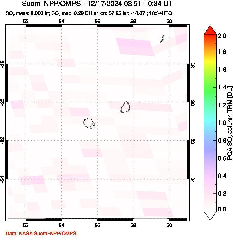 A sulfur dioxide image over Reunion Island, Indian Ocean on Dec 17, 2024.