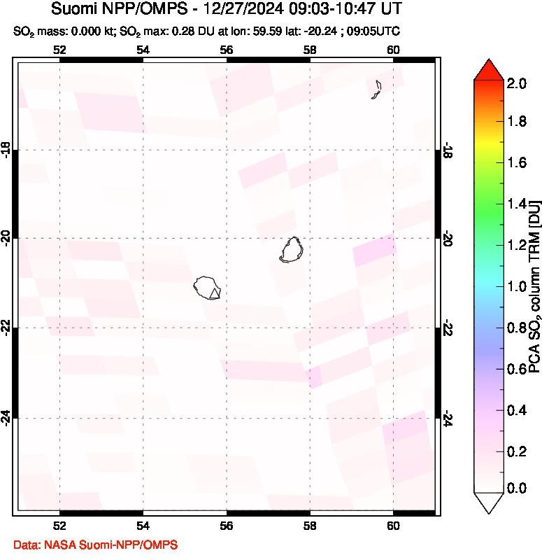 A sulfur dioxide image over Reunion Island, Indian Ocean on Dec 27, 2024.