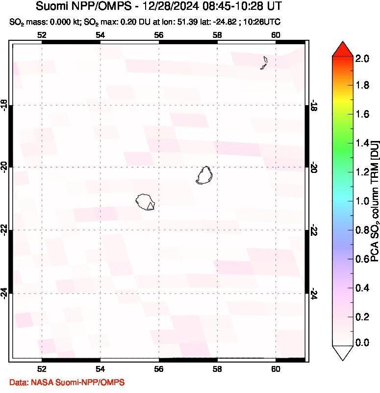 A sulfur dioxide image over Reunion Island, Indian Ocean on Dec 28, 2024.