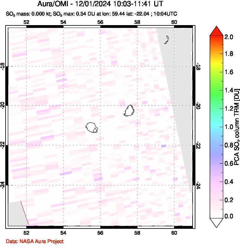 A sulfur dioxide image over Reunion Island, Indian Ocean on Dec 01, 2024.