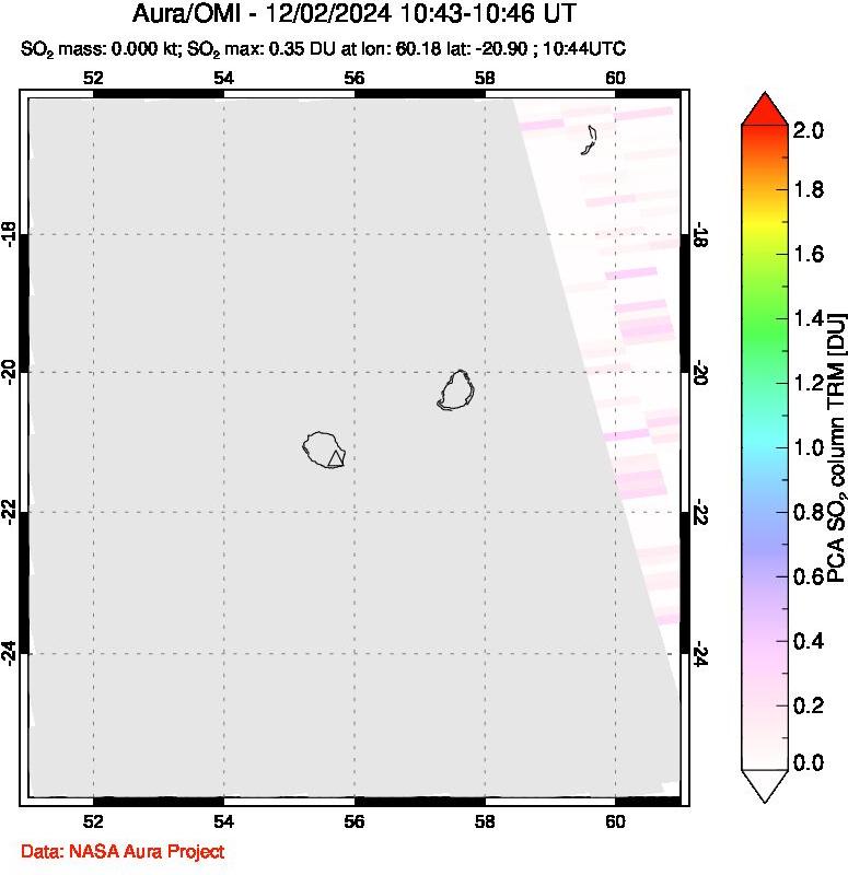 A sulfur dioxide image over Reunion Island, Indian Ocean on Dec 02, 2024.