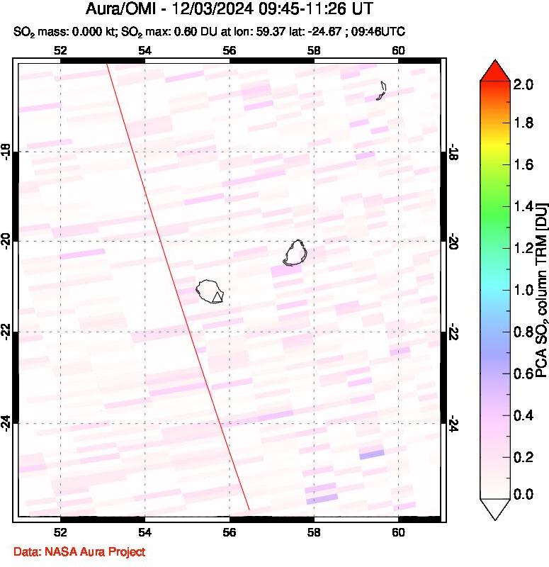 A sulfur dioxide image over Reunion Island, Indian Ocean on Dec 03, 2024.