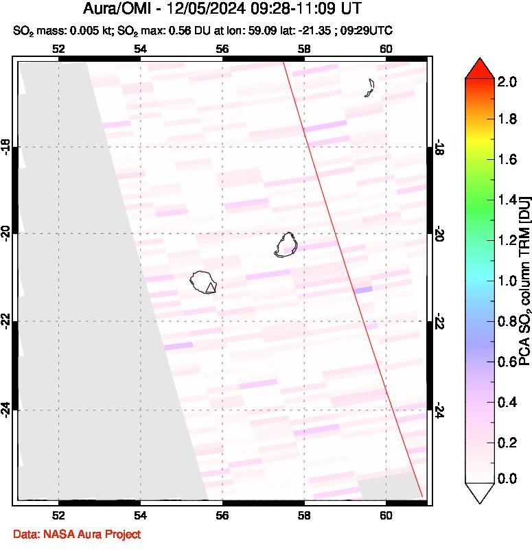 A sulfur dioxide image over Reunion Island, Indian Ocean on Dec 05, 2024.