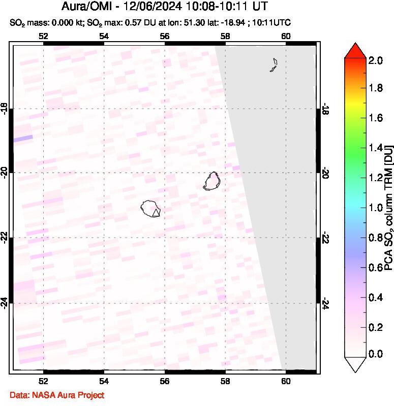 A sulfur dioxide image over Reunion Island, Indian Ocean on Dec 06, 2024.