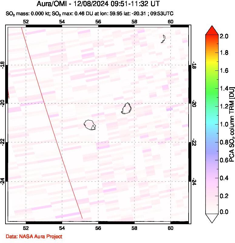 A sulfur dioxide image over Reunion Island, Indian Ocean on Dec 08, 2024.