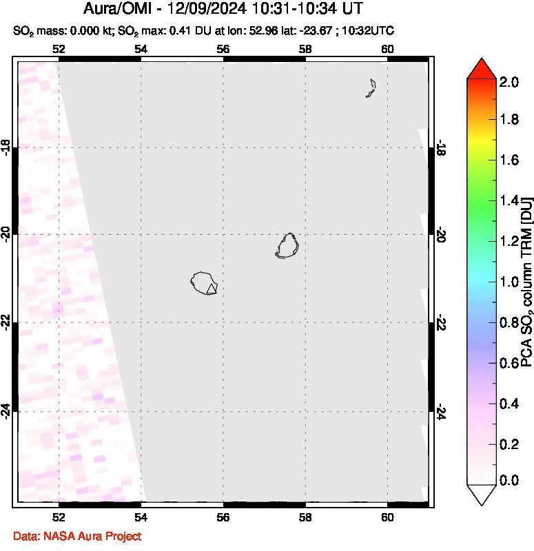 A sulfur dioxide image over Reunion Island, Indian Ocean on Dec 09, 2024.