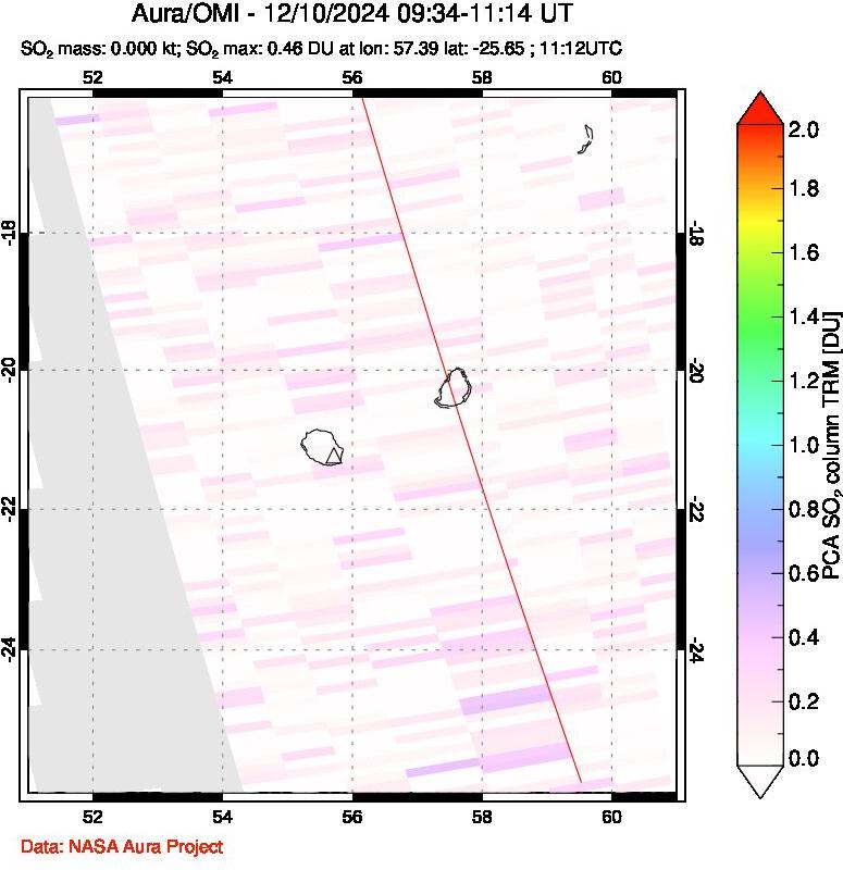 A sulfur dioxide image over Reunion Island, Indian Ocean on Dec 10, 2024.