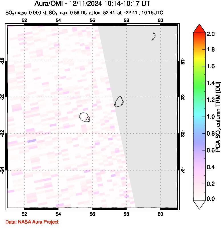 A sulfur dioxide image over Reunion Island, Indian Ocean on Dec 11, 2024.