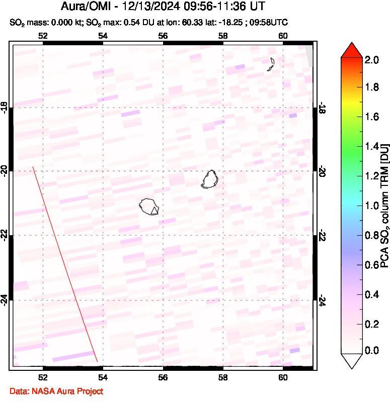 A sulfur dioxide image over Reunion Island, Indian Ocean on Dec 13, 2024.