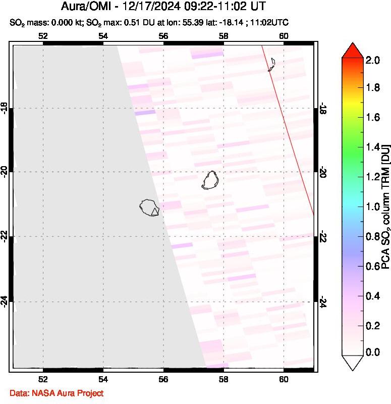 A sulfur dioxide image over Reunion Island, Indian Ocean on Dec 17, 2024.