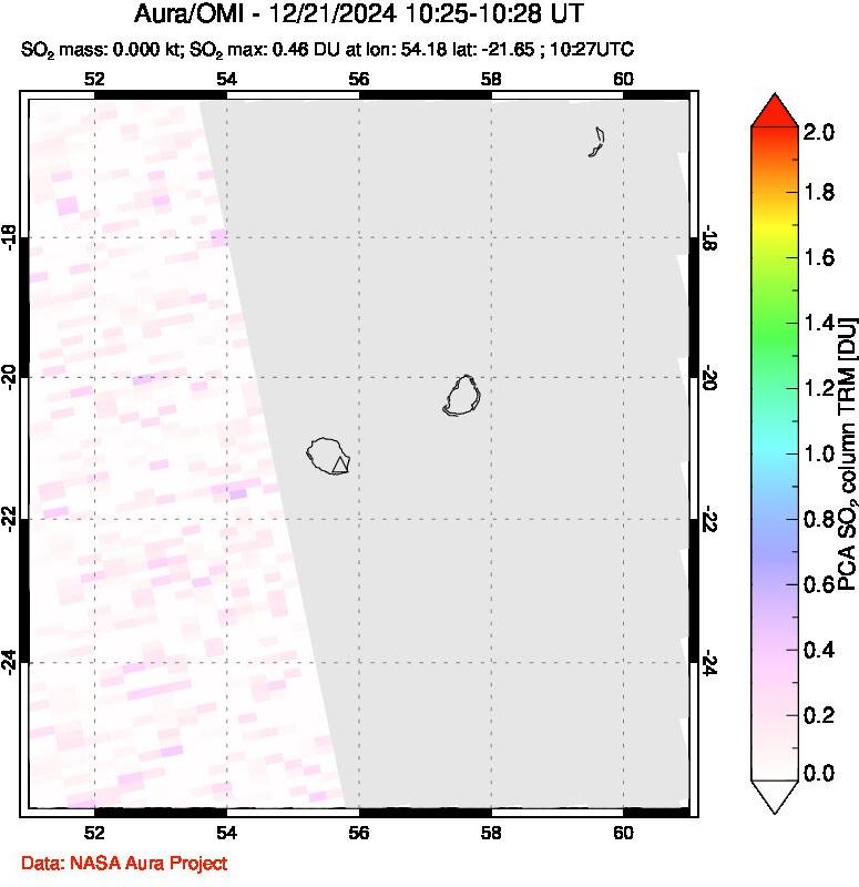 A sulfur dioxide image over Reunion Island, Indian Ocean on Dec 21, 2024.