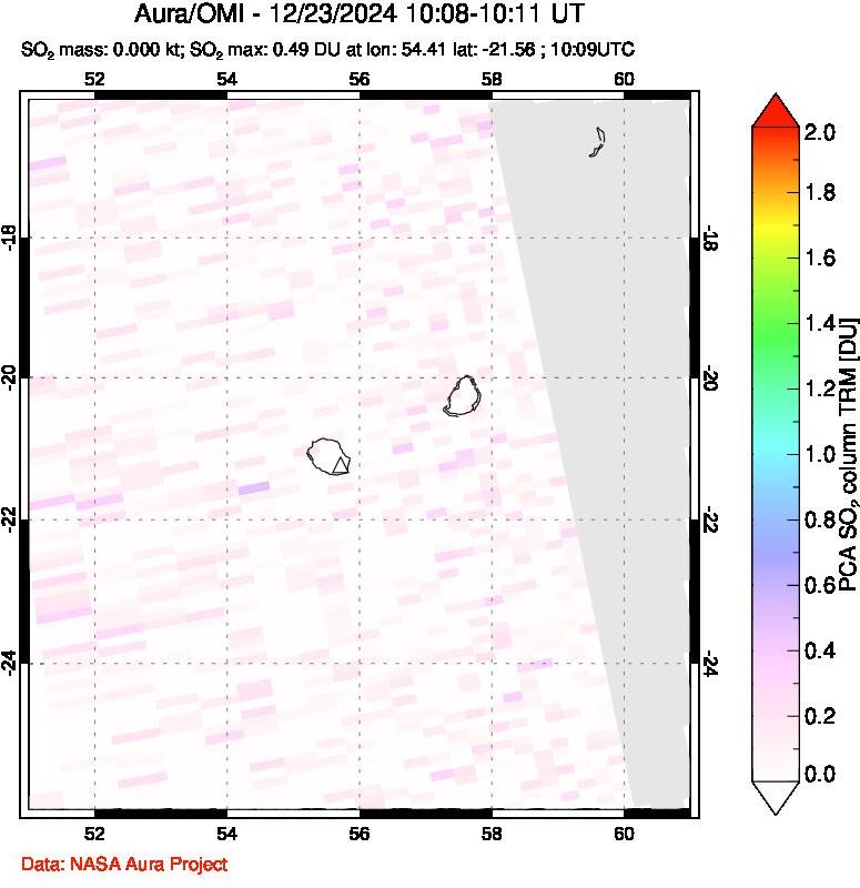 A sulfur dioxide image over Reunion Island, Indian Ocean on Dec 23, 2024.