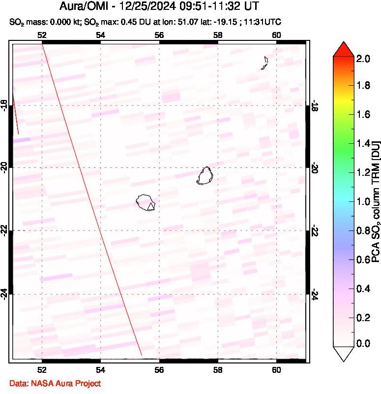 A sulfur dioxide image over Reunion Island, Indian Ocean on Dec 25, 2024.