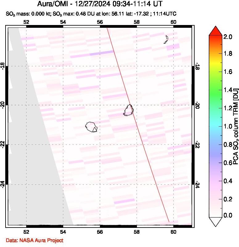 A sulfur dioxide image over Reunion Island, Indian Ocean on Dec 27, 2024.