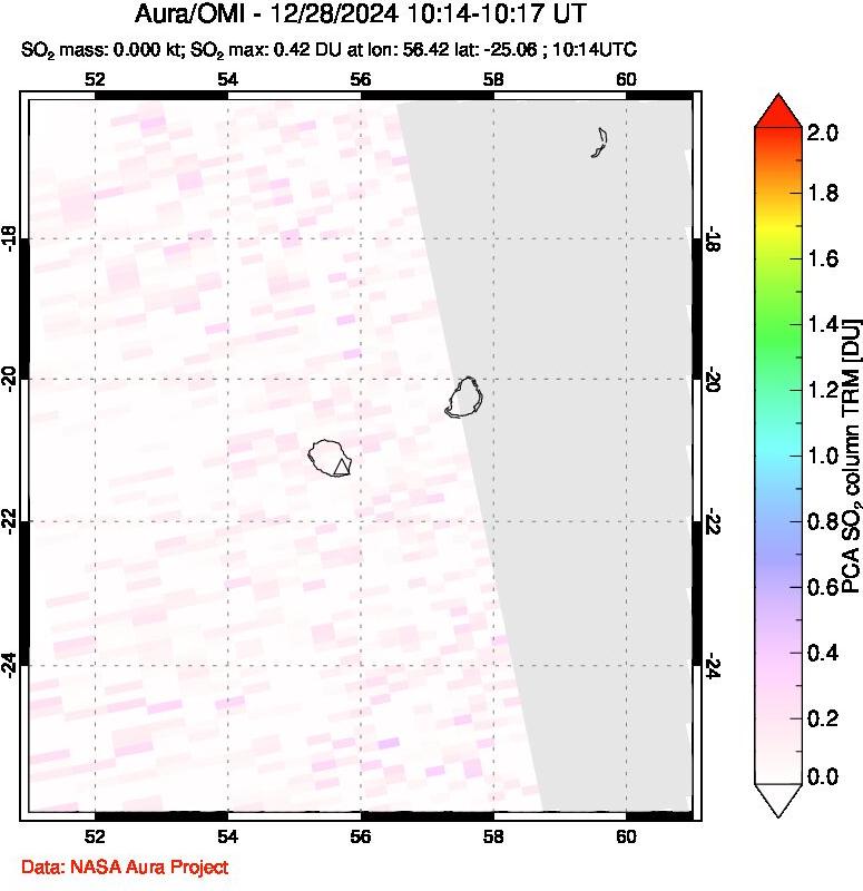 A sulfur dioxide image over Reunion Island, Indian Ocean on Dec 28, 2024.