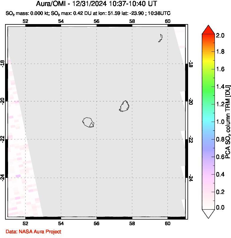 A sulfur dioxide image over Reunion Island, Indian Ocean on Dec 31, 2024.