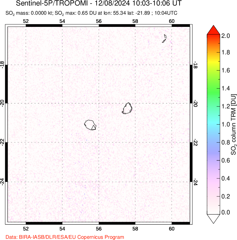 A sulfur dioxide image over Reunion Island, Indian Ocean on Dec 08, 2024.