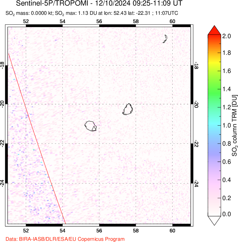 A sulfur dioxide image over Reunion Island, Indian Ocean on Dec 10, 2024.