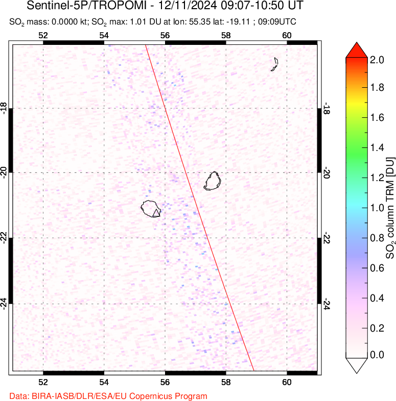 A sulfur dioxide image over Reunion Island, Indian Ocean on Dec 11, 2024.