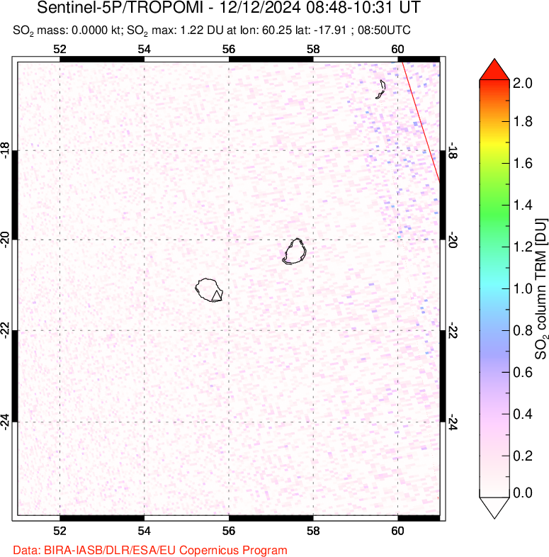 A sulfur dioxide image over Reunion Island, Indian Ocean on Dec 12, 2024.